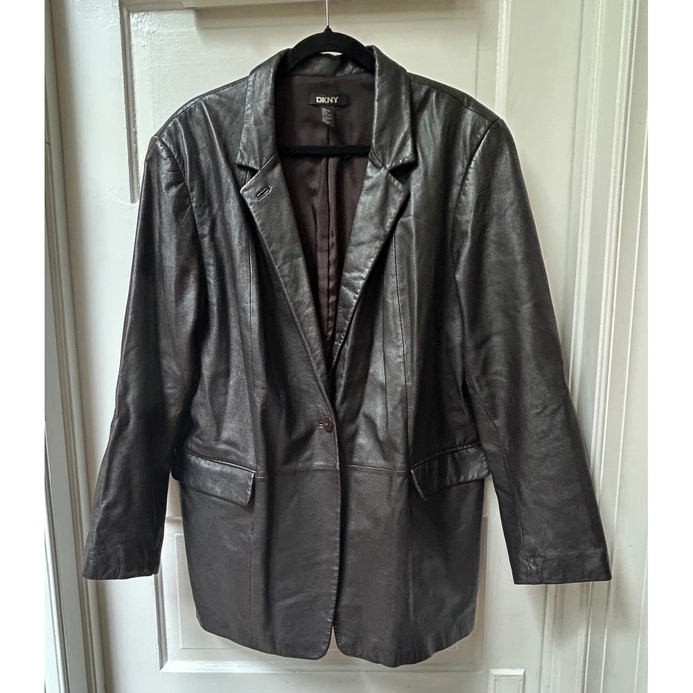 DKNY Vintage Leather Blazer Jacket Dark Brown Single Button Large Y2K